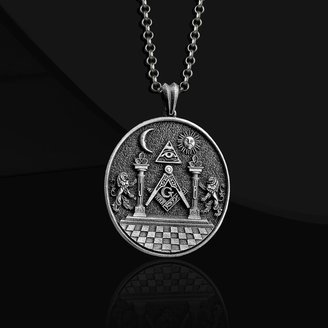 Symbolic Masonic Oxidized Necklace 925 Sterling Silver