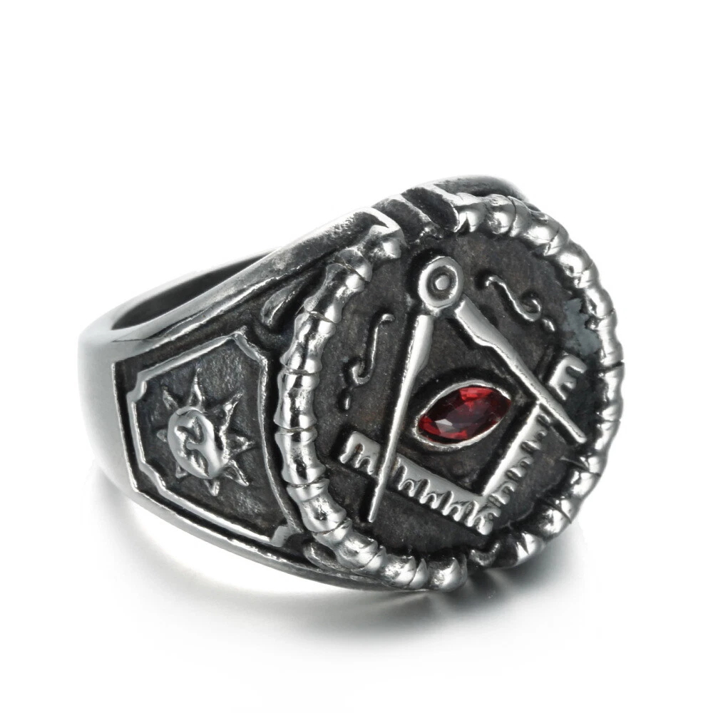 Vintage Red CZ Eye Masonic Signet Ring Stainless Steel Ring